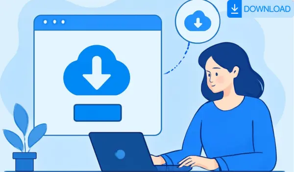 Illustration of a user downloading files on a laptop using TeraBox Link Downloader – fast, secure, and ad-free file download tool online.